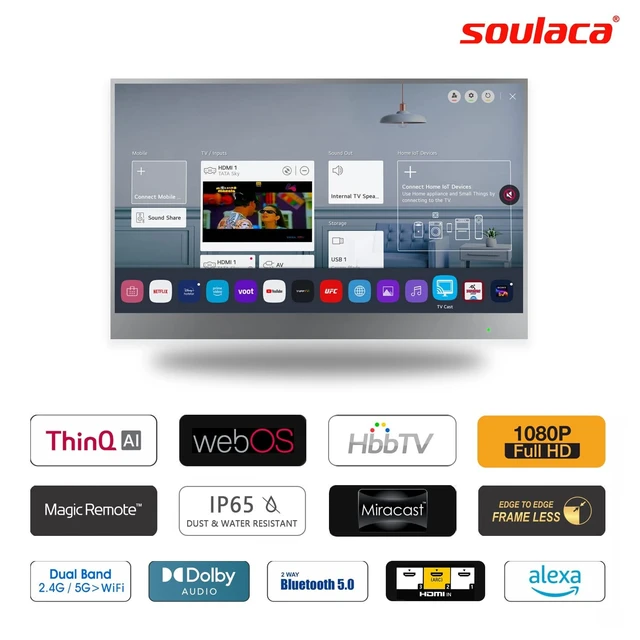 Alt view image 3 of 5 - Soulaca 22 inches webOS LG Smart Bathroom Mirror TV with ATSC DTV Tuner, WiFi, Bluetooth for Wet Environments Hotel IP65 Voice Control