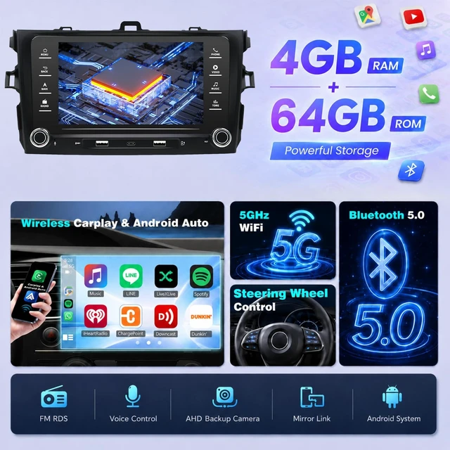 Alt view image 3 of 5 - Upgrcaru 4+64G Car Stereo for Toyota Corolla 2008 2009 2010 2011 2012 2013