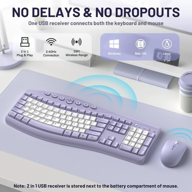 Alt view image 2 of 5 - Wireless Keyboard and Mouse Combo Silent Ergonomic Curved Design for Office