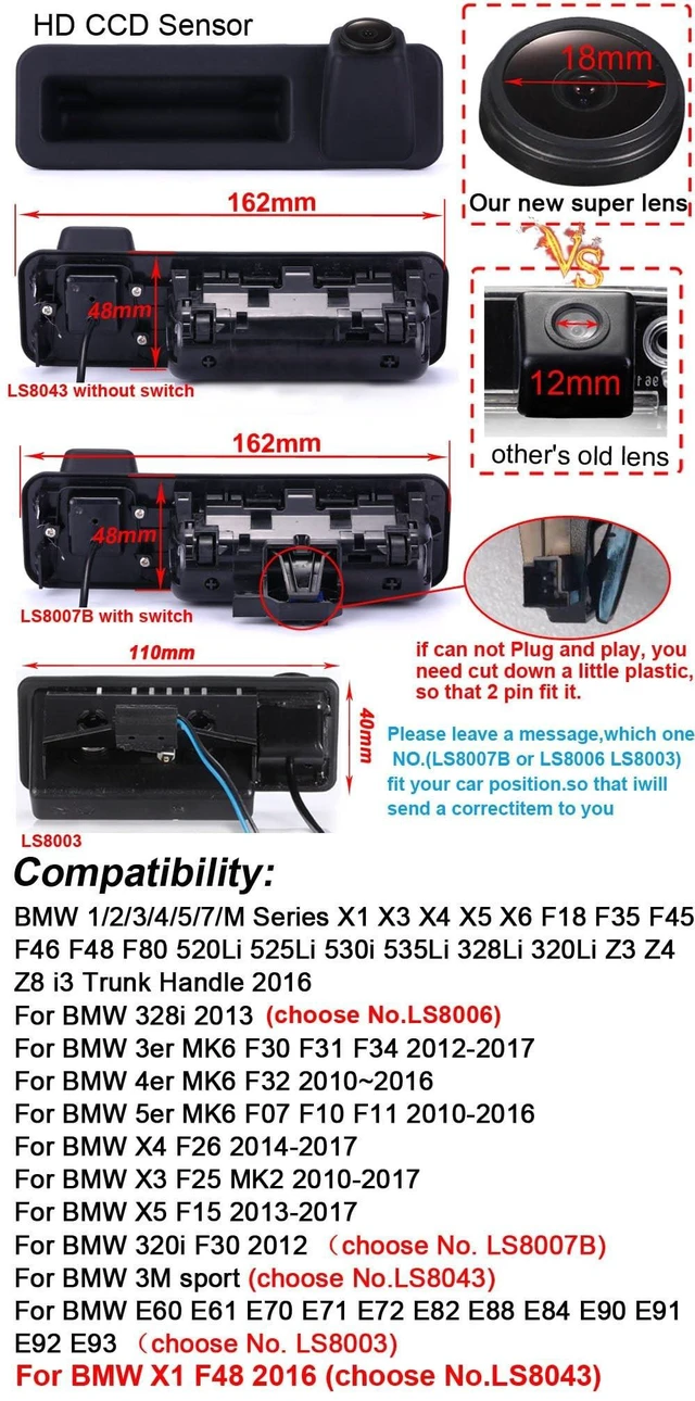 Alt view image 3 of 5 - 1280 * 720 Car Rear View Camera Parking Reverse Replacement for BMW 1/2/3/4/5/7/M Series X1 X3 X4 X5 X6 F18 F15 F35 F45 520Li 525Li 530i 535Li 328Li 320Li F30 F31 F34 F10 F11 X4 X5 X3 F26 F25 F15
