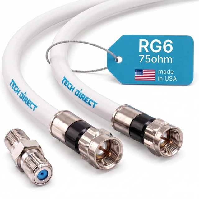Main image of TechDirect 100FT RG6 Coaxial Cable with Connector, Coax Cable White