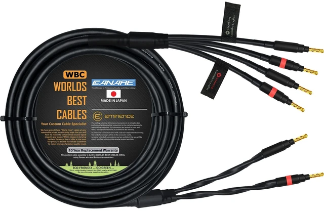 Main image of WORLDS BEST CABLES 25 Foot - Canare 4S11 Audiophile Grade - HiFi Star-Quad Bi-Wire Single Speaker Cable for Center Channel with Eminence Gold Banana Connectors