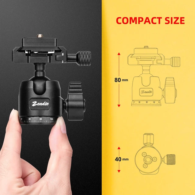 Alt view image 5 of 5 - Zeadio All Metal Mini Ball Head, 360 Panoramic Tripod Head with Arca Swiss Quick Release Plate, 10kg/22lb Max Load Camera Mount Head for Tripods, Monopods, Sliders, Phone Holders & Action Cameras etc