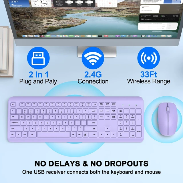 Alt view image 2 of 5 - Wireless Keyboard and Mouse Combo, Full-Size Silent Ergonomic Keyboard and Optical Mouse, Long Battery Life, 2.4GHz Lag-Free Cordless Mice Keyboard for Computer, Mac, Laptop, PC, Windows(Purple