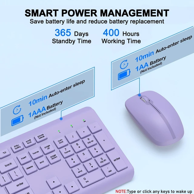 Alt view image 4 of 5 - Wireless Keyboard and Mouse Combo, Full-Size Silent Ergonomic Keyboard and Optical Mouse, Long Battery Life, 2.4GHz Lag-Free Cordless Mice Keyboard for Computer, Mac, Laptop, PC, Windows(Purple