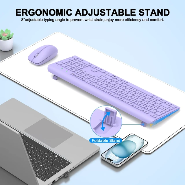 Alt view image 5 of 5 - Wireless Keyboard and Mouse Combo, Full-Size Silent Ergonomic Keyboard and Optical Mouse, Long Battery Life, 2.4GHz Lag-Free Cordless Mice Keyboard for Computer, Mac, Laptop, PC, Windows(Purple