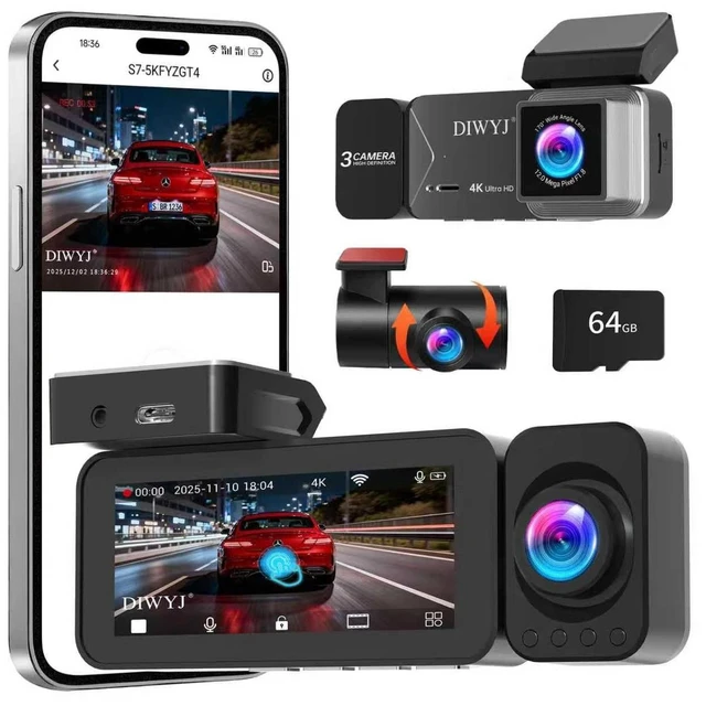 Main image of Dash Cam Front and Rear, 4K+2.5K+1080P with 170 Fisheye Lens, Full HD Dash Camera for Cars, 5GHz WiFi, IR Night Vision, WDR, 64GB Card Included (3-Channel)