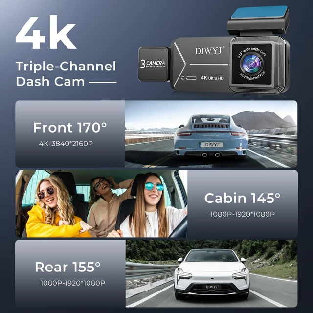 Alt view image 2 of 5 - Dash Cam Front and Rear, 4K+2.5K+1080P with 170 Fisheye Lens, Full HD Dash Camera for Cars, 5GHz WiFi, IR Night Vision, WDR, 64GB Card Included (3-Channel)