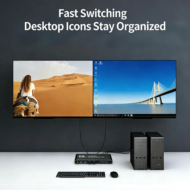 Alt view image 2 of 5 - Dual Monitor HDMI KVM Switch 2 Computers ^^ 4K@60Hz UHD, USB 3.0 Hub for Keyboard & Mouse, Hotkey/Panel/Remote Control, Extended/Mirror Display, 3.5mm Audio, EDID, HDCP 2.3, Plug & Play