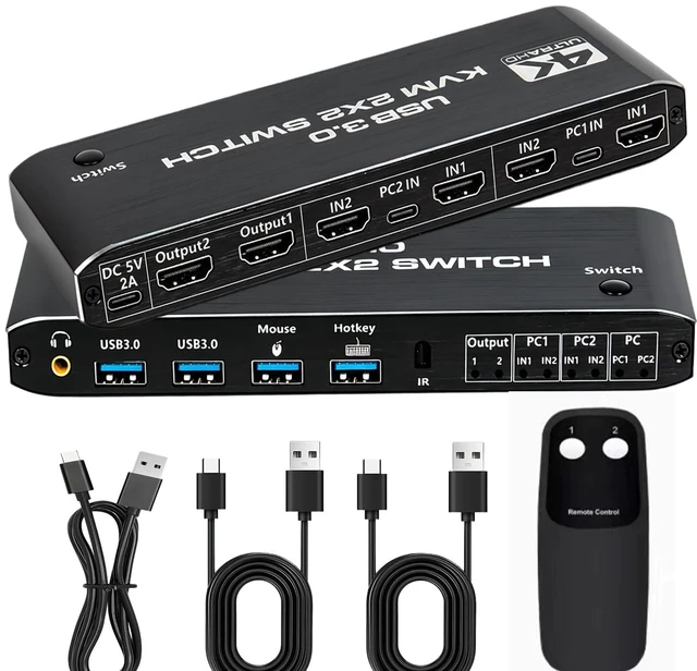 Main image of Dual Monitor HDMI KVM Switch 2 Computers ^^ 4K@60Hz UHD, USB 3.0 Hub for Keyboard & Mouse, Hotkey/Panel/Remote Control, Extended/Mirror Display, 3.5mm Audio, EDID, HDCP 2.3, Plug & Play