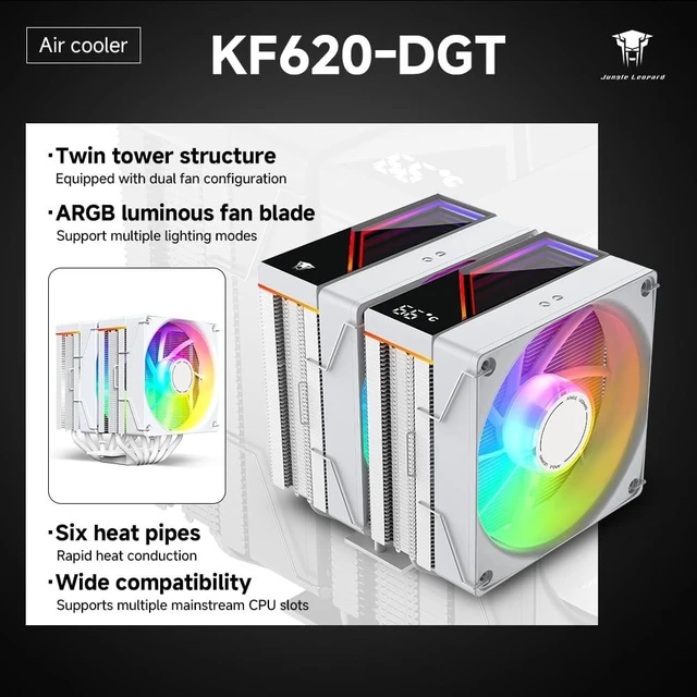 Alt view image 2 of 5 - Jungle Leopard KF620-DGT CPU Air Cooler, Dual ARGB PWM Fans, 6 Heat Pipes, Digital Display Top Cover - High-Performance Cooling for AMD:AM4 AM5/Intel LGA 1700/115X/1200/1366/1851 PC Cooler(White