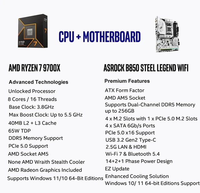 Alt view image 2 of 5 - MICRO CENTER AMD 9700X CPU with ASRock B850 Steel Legend Motherboard