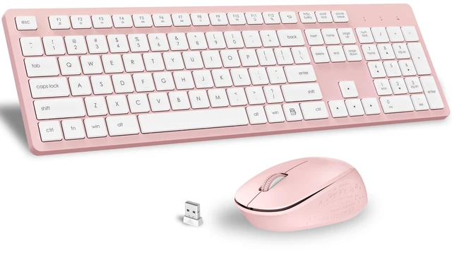 Main image of LeadsaiL Pink Wireless Keyboard and Mouse Combo, Full-Sized Ergonomic Computer Keyboard, 2.4GHz Cordless Keyboard Silent Mouse Set with 2-in-1 USB Receiver, 12 FN Shortcuts for Windows Laptop,