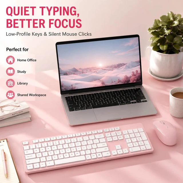 Alt view image 2 of 5 - LeadsaiL Pink Wireless Keyboard and Mouse Combo, Full-Sized Ergonomic Computer Keyboard, 2.4GHz Cordless Keyboard Silent Mouse Set with 2-in-1 USB Receiver, 12 FN Shortcuts for Windows Laptop,