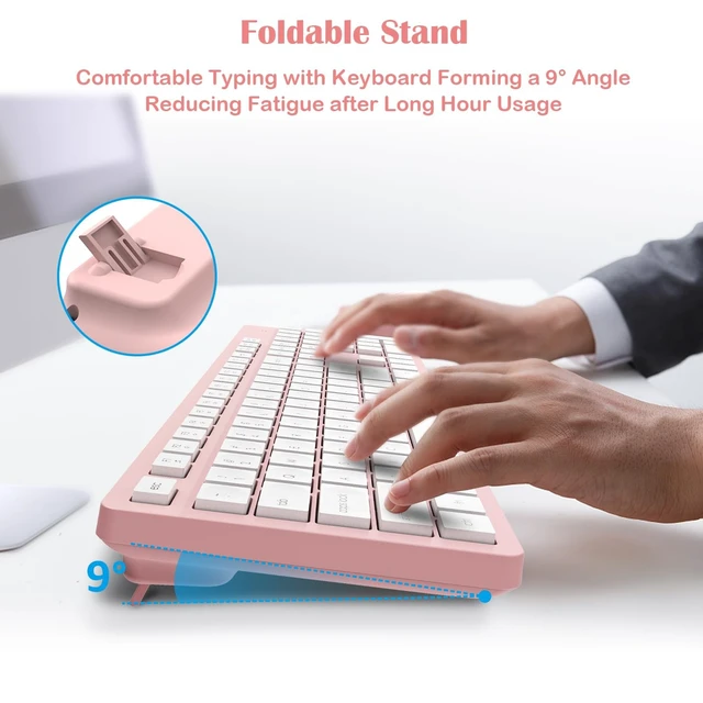 Alt view image 4 of 5 - LeadsaiL Pink Wireless Keyboard and Mouse Combo, Full-Sized Ergonomic Computer Keyboard, 2.4GHz Cordless Keyboard Silent Mouse Set with 2-in-1 USB Receiver, 12 FN Shortcuts for Windows Laptop,