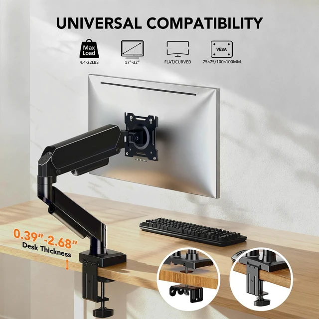Alt view image 2 of 5 - Single Monitor Mount, Gas Spring Arm for 17-32 inch Screens Adjustable Monitor Stand, Vesa Mount Stand with Clamp and Grommet Aluminum Base - Fits 4.4 to 22lbs LCD Computer Monitors HD09B-001