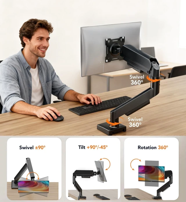 Alt view image 4 of 5 - Single Monitor Mount, Gas Spring Arm for 17-32 inch Screens Adjustable Monitor Stand, Vesa Mount Stand with Clamp and Grommet Aluminum Base - Fits 4.4 to 22lbs LCD Computer Monitors HD09B-001