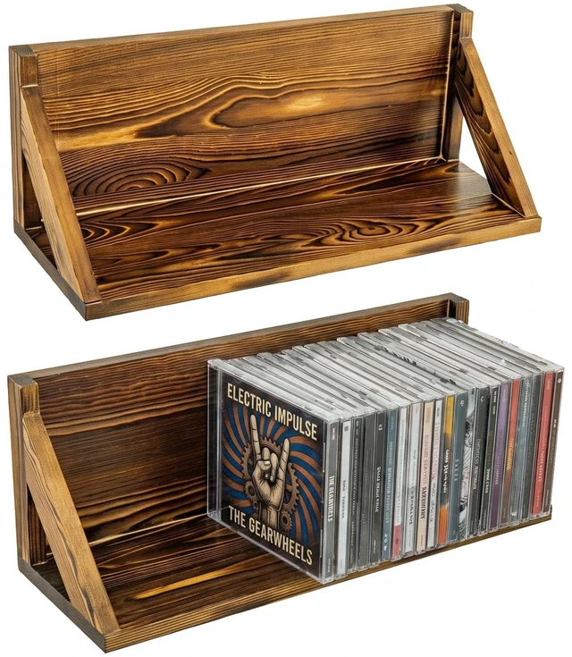 Main image of MyGift Set of 2 Solid Wood Wall-Mounted CD Storage Racks Rustic Space-Saving Floating Media Display Shelves for 72 CDs, Home Decor Organizer