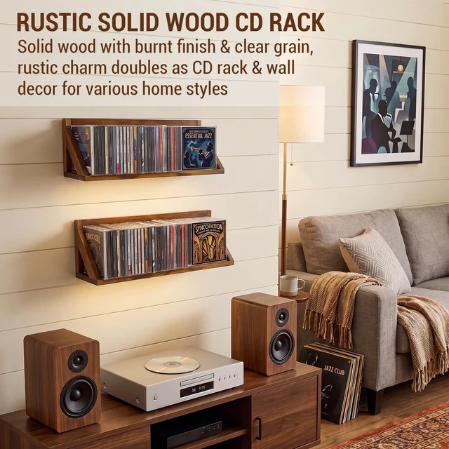 Alt view image 2 of 5 - MyGift Set of 2 Solid Wood Wall-Mounted CD Storage Racks Rustic Space-Saving Floating Media Display Shelves for 72 CDs, Home Decor Organizer