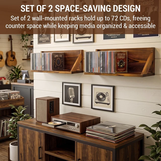Alt view image 3 of 5 - MyGift Set of 2 Solid Wood Wall-Mounted CD Storage Racks Rustic Space-Saving Floating Media Display Shelves for 72 CDs, Home Decor Organizer
