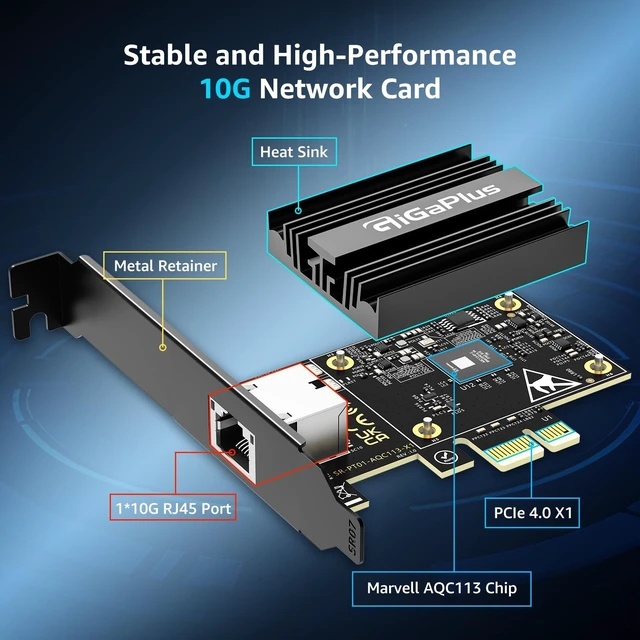 Alt view image 3 of 5 - 10Gbe PCI-e4.0 X1 Network Card, Marvell AQC113 Controller, 10G Base-T RJ45 Port NIC, GiGaPlus 100/1000/2500/10000Mbps Ethernet Card, 10Gb Ethernet Adapter Support Windows10/11/Windows Server/Linux