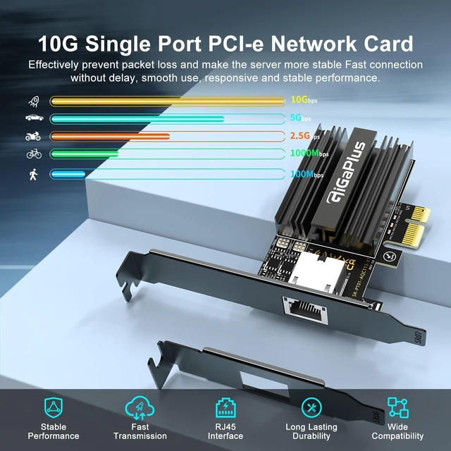 Alt view image 4 of 5 - 10Gbe PCI-e4.0 X1 Network Card, Marvell AQC113 Controller, 10G Base-T RJ45 Port NIC, GiGaPlus 100/1000/2500/10000Mbps Ethernet Card, 10Gb Ethernet Adapter Support Windows10/11/Windows Server/Linux