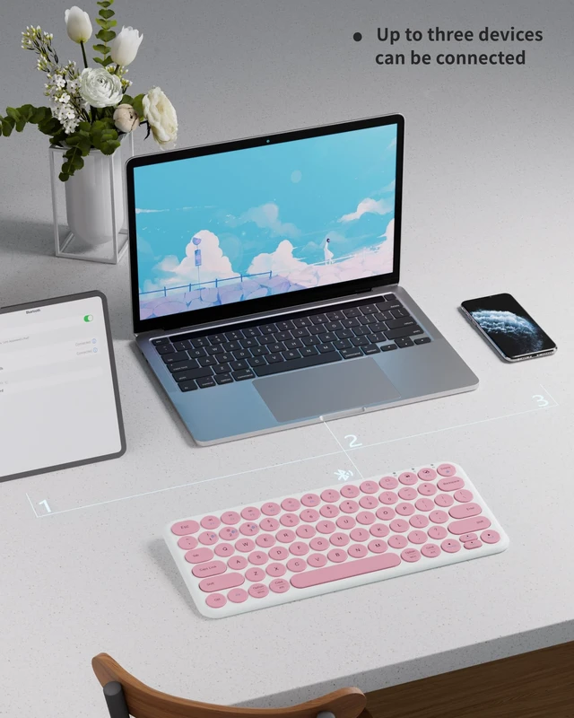 Alt view image 4 of 5 - Cloud-W Mini Bluetooth Keyboard, Low Profile Quiet Keys (Pink White)