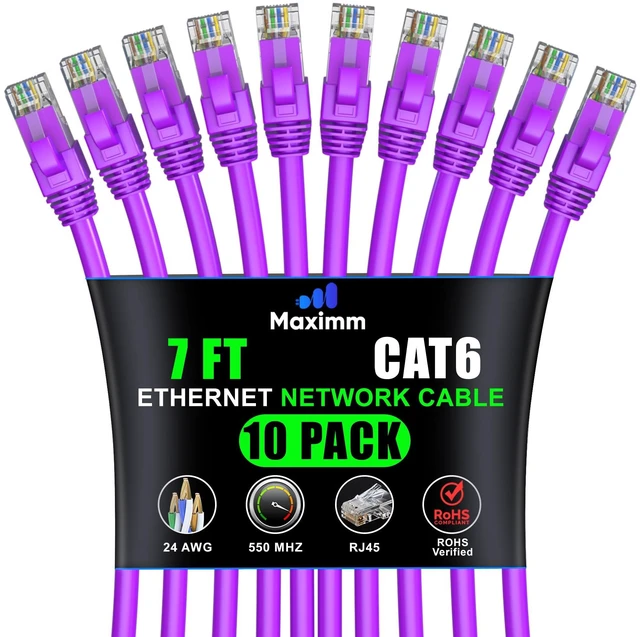 Main image of Maximm Cat6 Ethernet Cable 7 Ft, 10 Gbps 550 MHz, Purple, 10 Pack