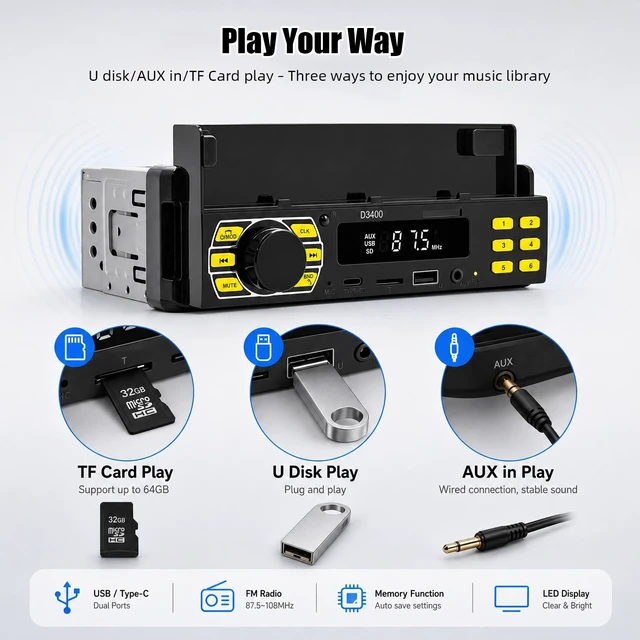Alt view image 2 of 5 - Single DIN Car Stereo Bluetooth Car Radio with FM/MP3/AUX USB Colorful Lights MP3 Player with Mobile Phone Holder Find a Car