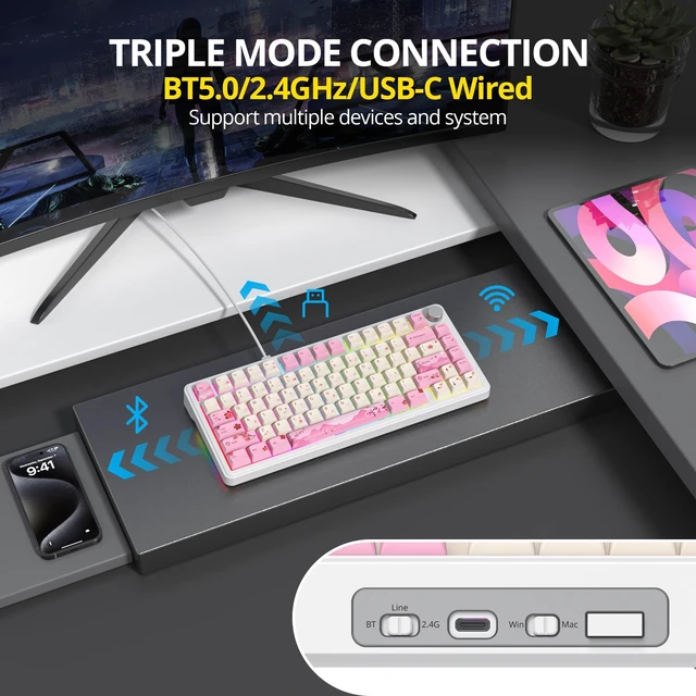 Alt view image 2 of 5 - surmen 75% Pink Wireless Mechanical Keyboard Tri-Mode for PC/Laptop (Ying)