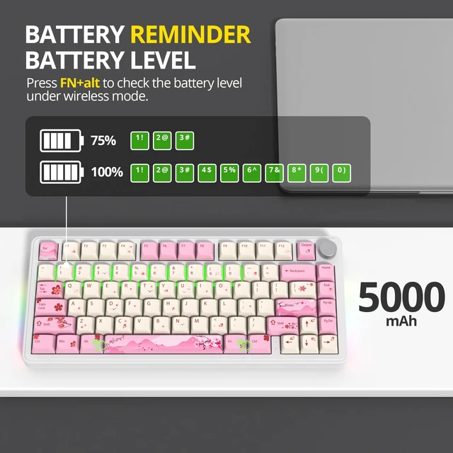 Alt view image 3 of 5 - surmen 75% Pink Wireless Mechanical Keyboard Tri-Mode for PC/Laptop (Ying)