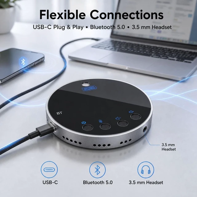 Alt view image 4 of 5 - lorvannis Bluetooth Conference Speaker and Microphone, Bluetooth Speakerphone for Small Meeting RoomWireless Conference Speaker 360Voice Pick up with Noise Cancellation Mics for Computer/Laptop
