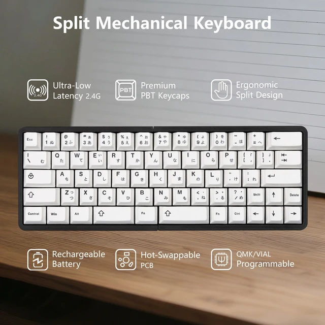 Alt view image 2 of 5 - YIVU Split Mechanical Keyboard, 60% Wireless Ergonomic Design, 2.4G, Hot-Swappable Red Switches, QMK/Vial Programmable, Black