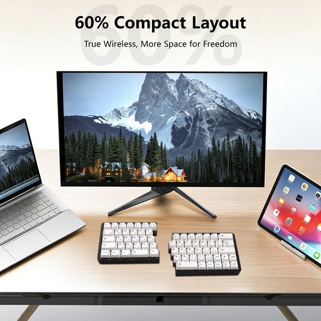 Alt view image 3 of 5 - YIVU Split Mechanical Keyboard, 60% Wireless Ergonomic Design, 2.4G, Hot-Swappable Red Switches, QMK/Vial Programmable, Black