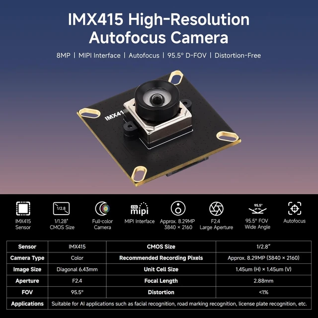 Alt view image 3 of 5 - Waveshare IMX415 8MP MIPI Camera Module, Autofocus, 95.5 D-FOV, Distortion-Free, Compatible with Raspberry Pi 5 / 4B / 3 / Zero