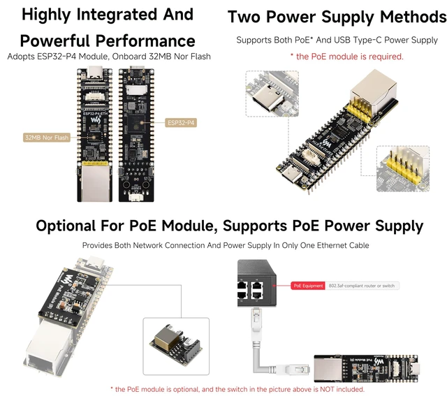 Alt view image 4 of 5 - ESP32-P4 PoE Ethernet AI Development Board (with Header), Based On ESP32-P4, with PoE Module, P oE or USB Type-C Power Supply, AI Speech Interaction, with ETH, MIPI-CSI/DSI, GPIO, Microphone, etc.