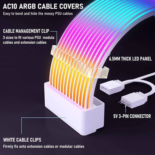Alt view image 3 of 5 - Auotac RGB Cables Cover Kit, Flex Power Cable Cover for 24-Pin Motherboard and 8-Pin/16-Pin GPU, ARGB PSU Cable Extension with 5V 3-Pin Sync for PC Case Decoration, White