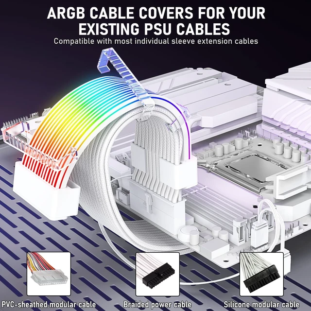 Alt view image 4 of 5 - Auotac RGB Cables Cover Kit, Flex Power Cable Cover for 24-Pin Motherboard and 8-Pin/16-Pin GPU, ARGB PSU Cable Extension with 5V 3-Pin Sync for PC Case Decoration, White