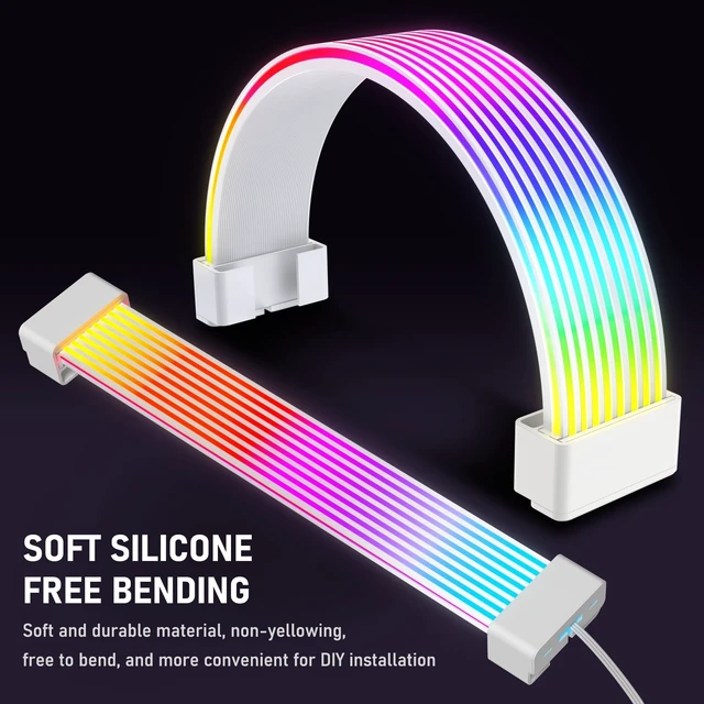 Alt view image 5 of 5 - Auotac RGB Cables Cover Kit, Flex Power Cable Cover for 24-Pin Motherboard and 8-Pin/16-Pin GPU, ARGB PSU Cable Extension with 5V 3-Pin Sync for PC Case Decoration, White