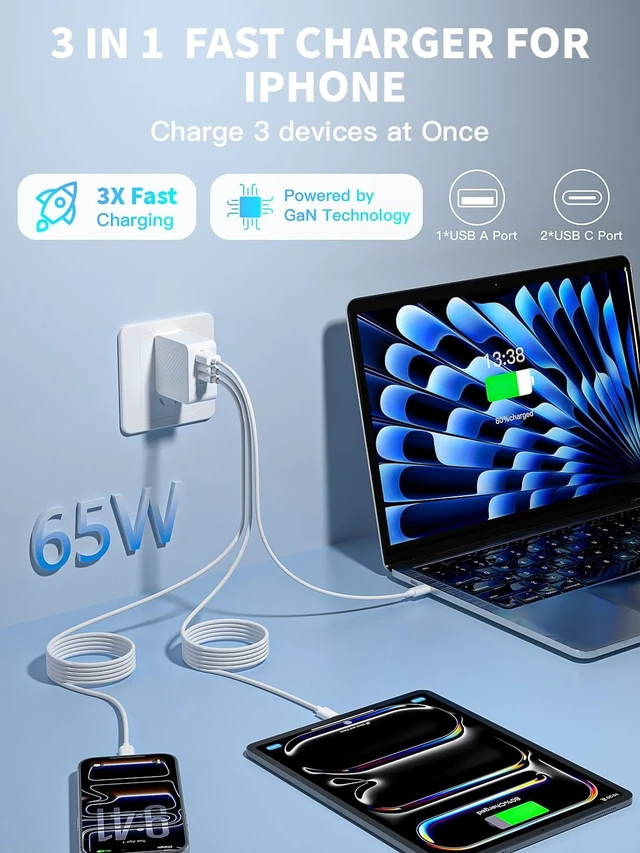 Alt view image 3 of 5 - 65W Foldable MacBook Charger Fast Charging Block &10FT MacBook Charger Cord