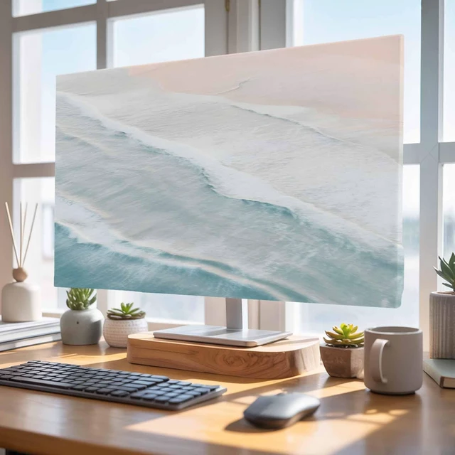 Alt view image 4 of 5 - Blue Summer Beach TV Cover Indoor Elastic TVs Screen Protector, Coastal Nautical Monitor Covers Inside Dust Proof Slipcover, Ocean Beige Seaside 75 Inch TV Cover for Flat or Curved TVs