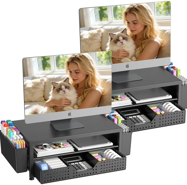 Main image of OPNICE Desk Organizers and Accessories, Computer Monitor Stand Riser with Drawer and 2 Pen Holders, Printer & Laptop Stand, Office Desk Accessories & Workspace Organizers for Home Office Supplies, Bla