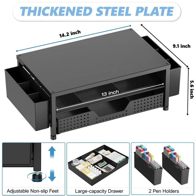 Alt view image 2 of 5 - OPNICE Desk Organizers and Accessories, Computer Monitor Stand Riser with Drawer and 2 Pen Holders, Printer & Laptop Stand, Office Desk Accessories & Workspace Organizers for Home Office Supplies, Bla