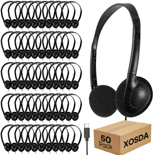 Main image of XOSDA Type C Headphones Bulk for Classroom Kids School 50 Pack, Wholesale USB C Wired Headphones for Children Students Compatible with Smartphones laptops Tablets(LS857C,50 Black)