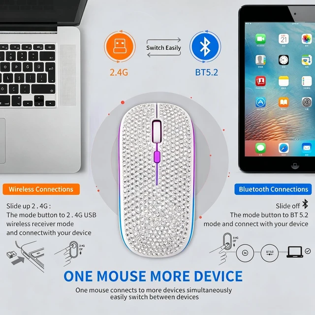 Alt view image 2 of 5 - Dpisuuk Silent Dual Mode Wireless Mouse with Diamond Inlay, Colorful RGB Light, 3 Adjustable Sensitivity Levels, USB C Rechargeable, Suitable for Office Study & Gift (Silver)