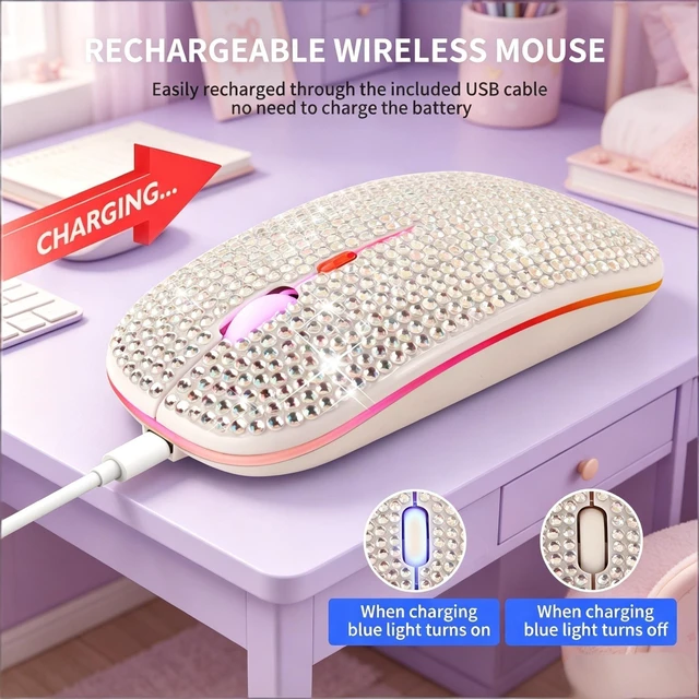 Alt view image 5 of 5 - Dpisuuk Silent Dual Mode Wireless Mouse with Diamond Inlay, Colorful RGB Light, 3 Adjustable Sensitivity Levels, USB C Rechargeable, Suitable for Office Study & Gift (Silver)