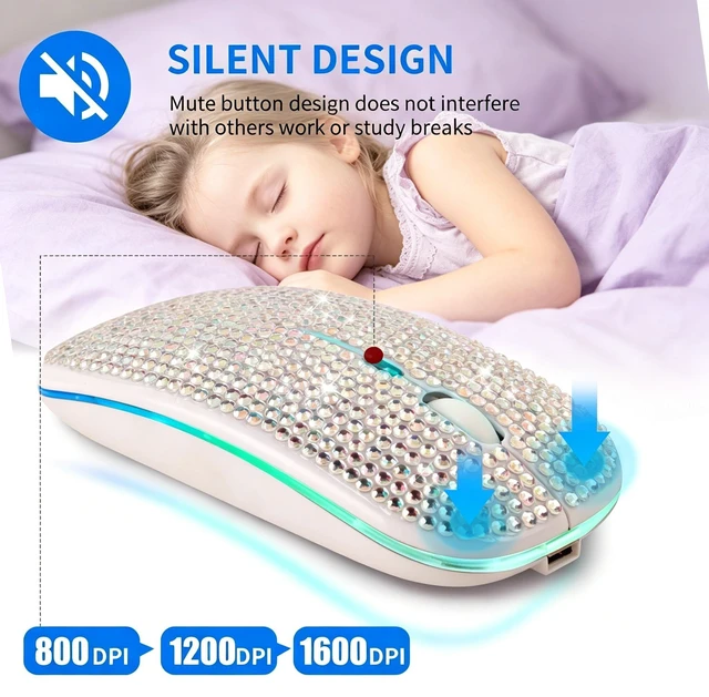 Alt view image 3 of 5 - Dpisuuk Silent Dual Mode Wireless Mouse with Diamond Inlay, Colorful RGB Light, 3 Adjustable Sensitivity Levels, USB C Rechargeable, Suitable for Office Study & Gift (Silver)