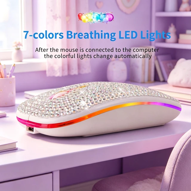 Alt view image 4 of 5 - Dpisuuk Silent Dual Mode Wireless Mouse with Diamond Inlay, Colorful RGB Light, 3 Adjustable Sensitivity Levels, USB C Rechargeable, Suitable for Office Study & Gift (Silver)