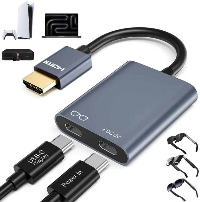 Main image of AR Glasses HDMI to USB C Adapter 4K@60Hz, XR Converter with Play & Charge for XREAL One/Air 2 Pro, VITURE Pro, RayNeo Air 2s, Rokid Max, Switch 2/1, Steam Deck, PS5/4, Xbox, ROG Ally, Portable Monitor