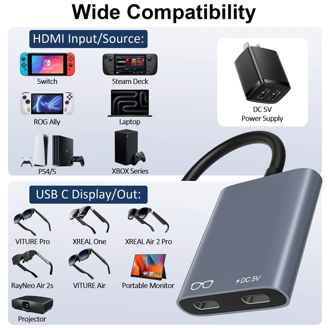 Alt view image 2 of 5 - AR Glasses HDMI to USB C Adapter 4K@60Hz, XR Converter with Play & Charge for XREAL One/Air 2 Pro, VITURE Pro, RayNeo Air 2s, Rokid Max, Switch 2/1, Steam Deck, PS5/4, Xbox, ROG Ally, Portable Monitor